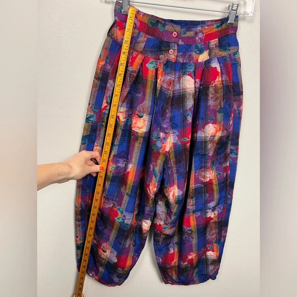 Vintage René Derhy Paris Two-Piece Set · Vibrant Floral Plaid Top & Harem Pants - Picture 8 of 16
